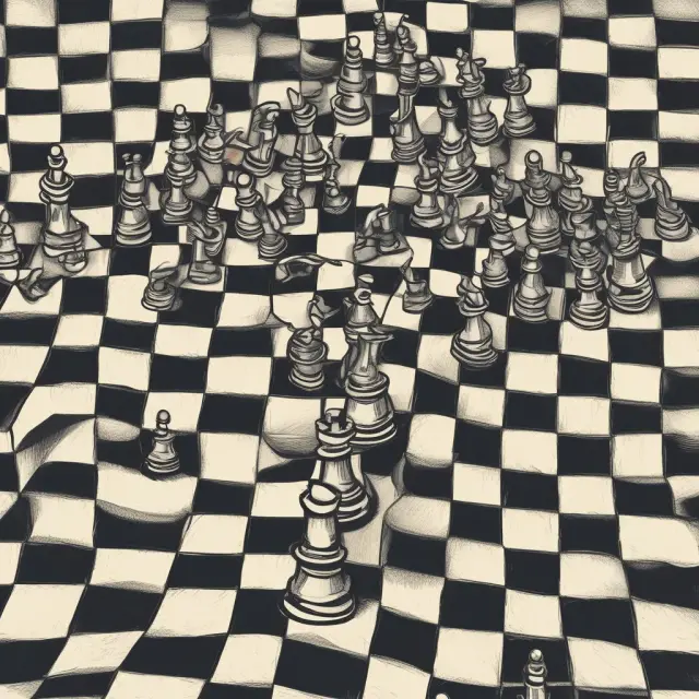 A financial clearinghouse depicted as a sturdy bridge connecting diverse buyers and sellers on a bustling market chessboard, ensuring secure trade transactions