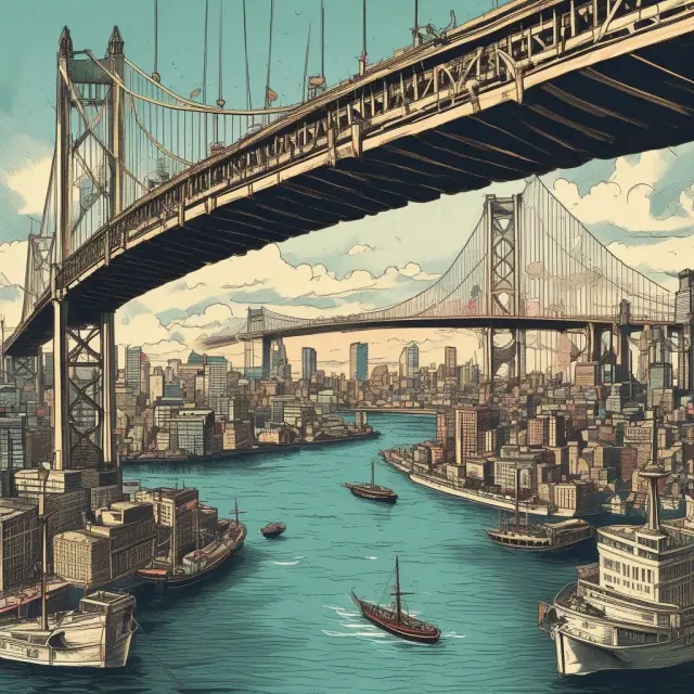Image of a convertible bond depicted as a bridge with sails made of economic charts, swaying between stock and bond markets