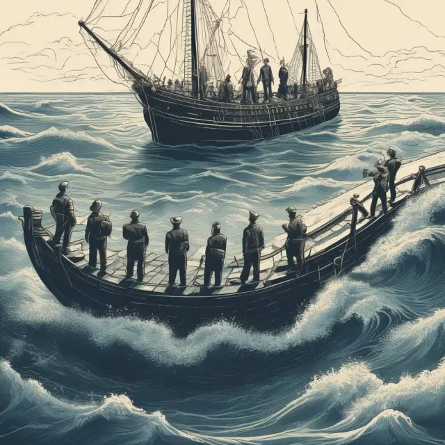 Board of directors navigating a ship through turbulent financial waters, steering the corporation towards success.