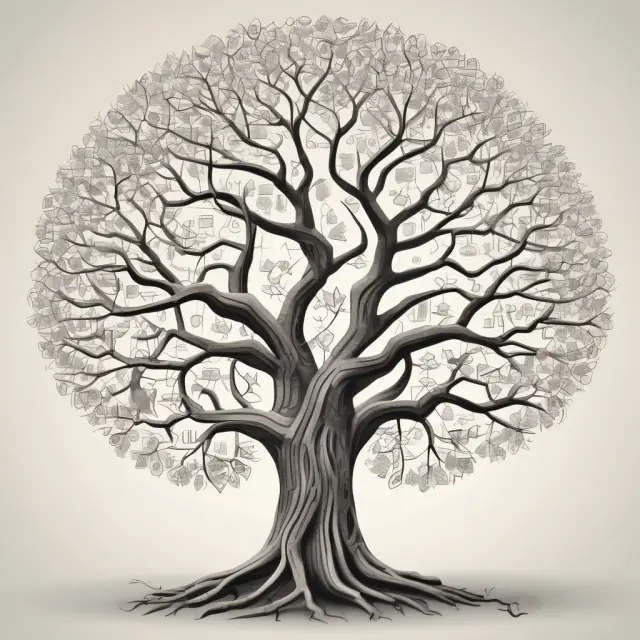 Image of a tree with branches forming question marks, each question mark revealing an icon representing a corporate structure or question.