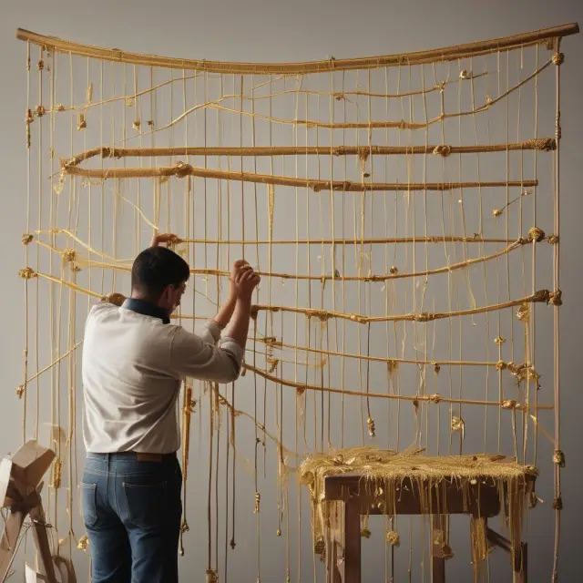 Contractor adding golden threads to represent expenses on a cost-plus contract tapestry