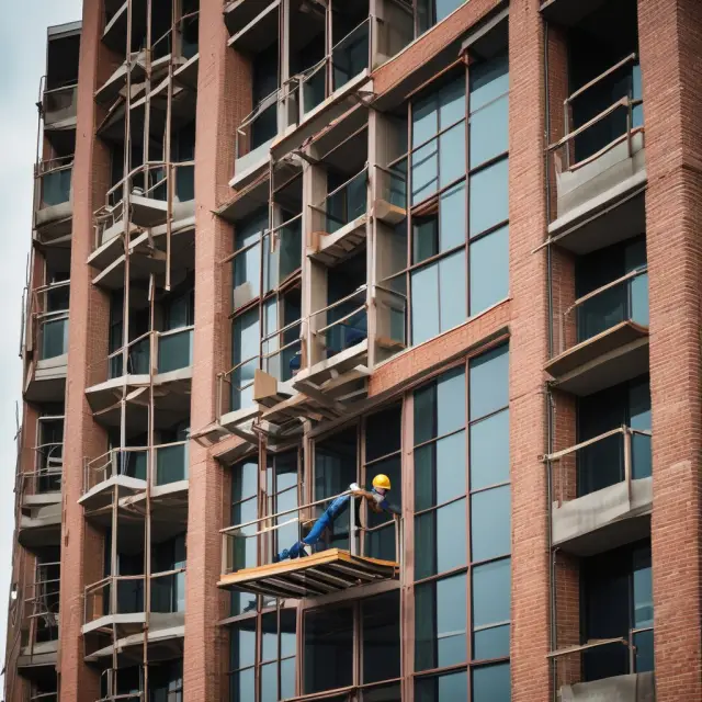 Contractor building an office using a cost-plus contract; Laborers working while the balance between expenses and profit is depicted by two scales