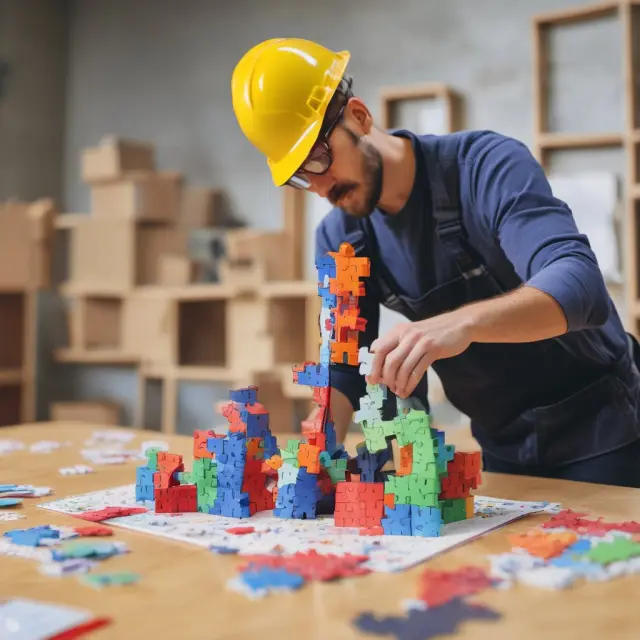 Contractor assembling puzzle pieces representing costs and profits under a cost-plus contract