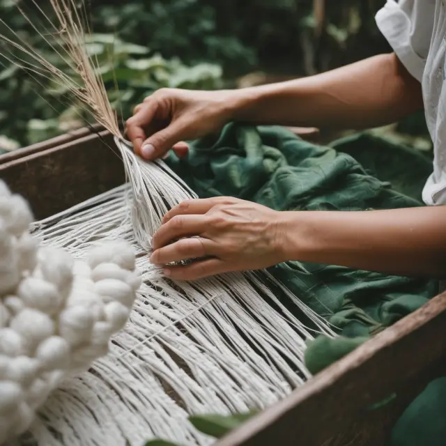 An artisan weaving intricate patterns into a piece of cloth in a lush garden, representing the growth and prosperity of cottage industries in developing countries