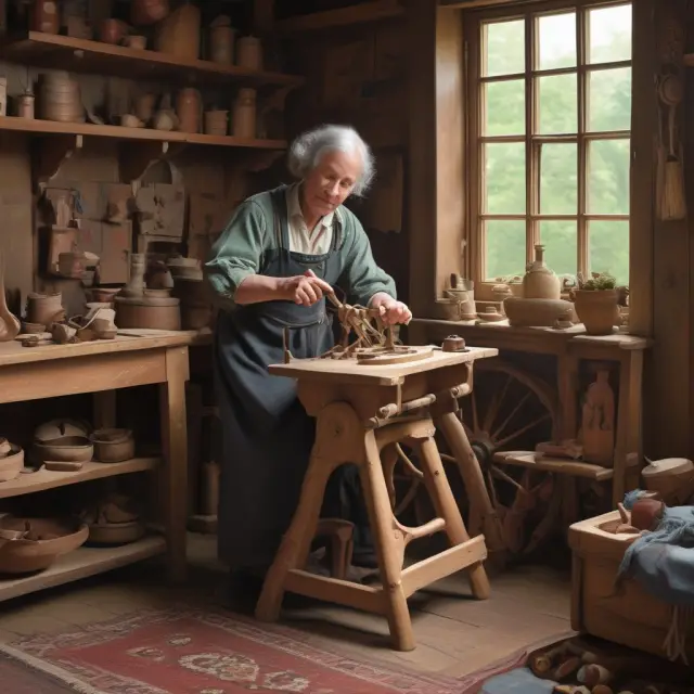 An artisan spins wool on a traditional spinning wheel, symbolizing the balance between small-scale production and authentic craftsmanship in cottage industries.