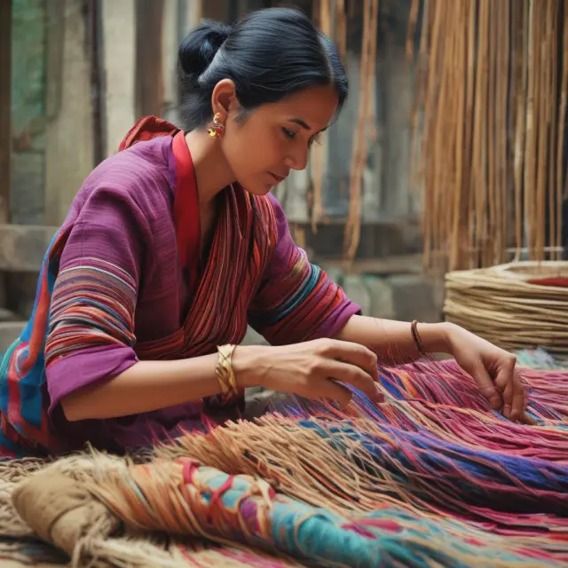 An artisan skillfully weaves a tapestry, symbolizing cottage industries blending traditional techniques with contemporary business practices.