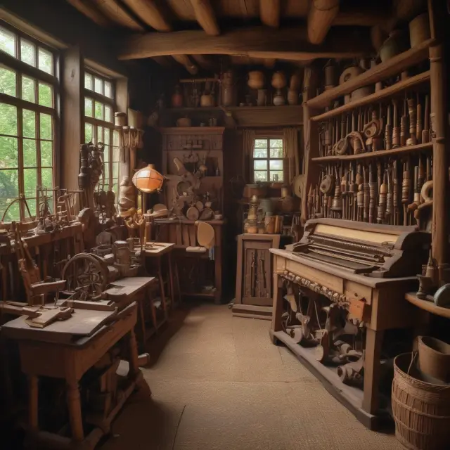 A quaint cottage surrounded by spinning wheels and looms, signifying the birthplace of cottage industries
