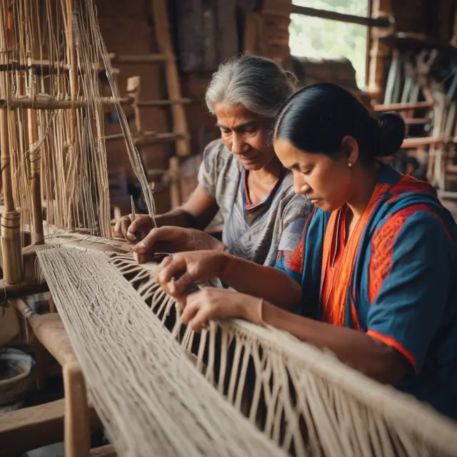 An artisan weaving on a traditional loom, symbolizing the growth and sustainability of cottage industries in economic development