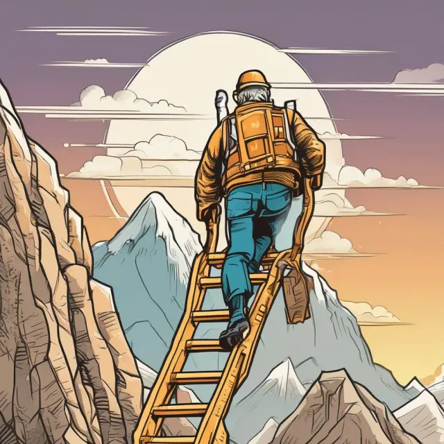 Advisor ascending retirement planning mountain, holding CRPC badge. Enhanced professionalism and career growth