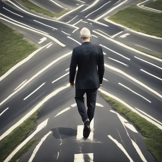 A mature professional weighs CRPC and CFP designations at a career crossroads, with golden scales representing the balance between financial knowledge and retirement expertise