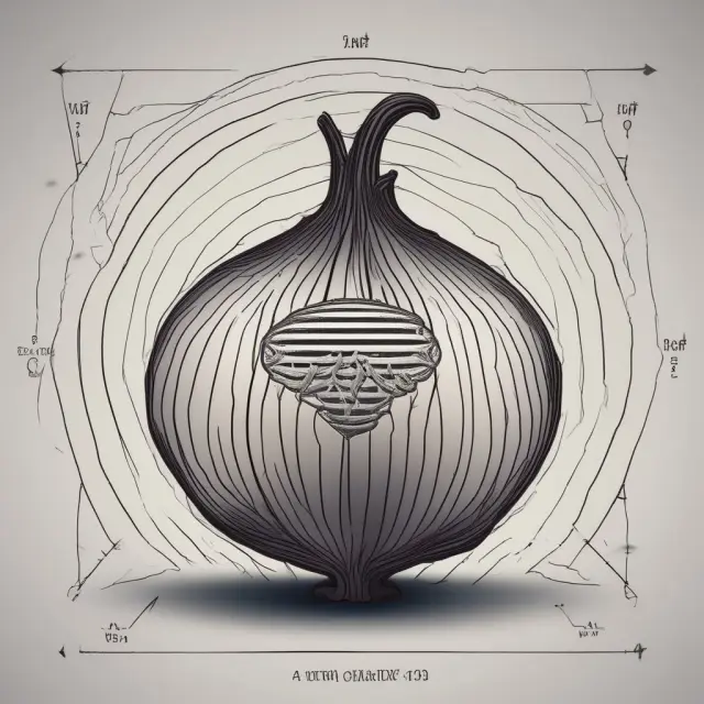 An onion layer by layer reveals various hidden encrypted contents symbolizing the growth and development of the dark web