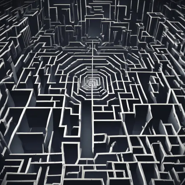 An intricate maze representing the dark web, filled with hidden pits symbolizing cyberattacks and malware threats.