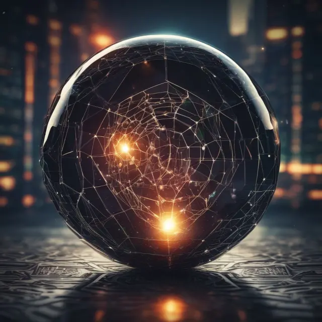 A crystal ball on the dark web displaying emerging trends: blockchain, decentralized social media, regulation, and AI