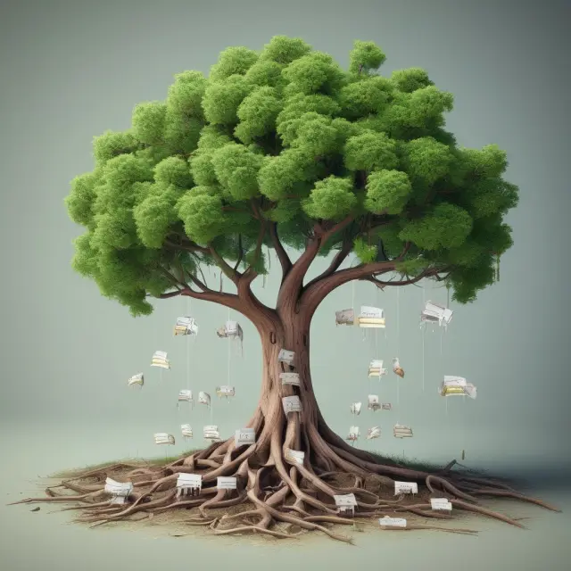 A growing tree symbolizes financial growth, with asset and expense branches receiving debits as resource inputs