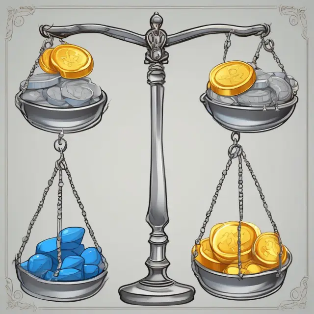Gold coins symbolize liabilities, silver represents revenues, and blue gems depict equity in dual-sided balance scales.