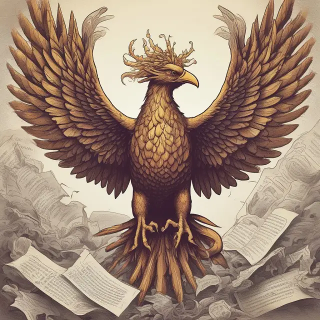 A mythical phoenix emerging from bankruptcy documents, representing the rebirth of a company through DIP financing