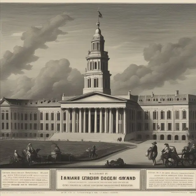 Golden cradle holding newborn corporation amidst Delaware landscape symbols: registration papers, business name, Delaware state seal, and court scales