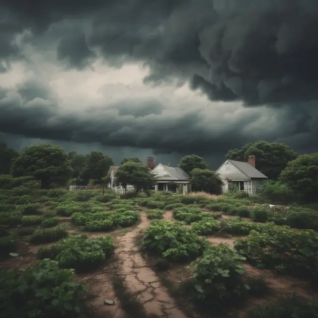 Storm cloud darkening a credit score garden, signifying potential consequences of financial delinquencies