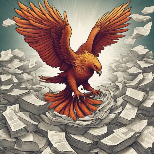 A mythical phoenix rises above a pile of financial papers, illustrating the power of knowledge to overcome delinquencies.