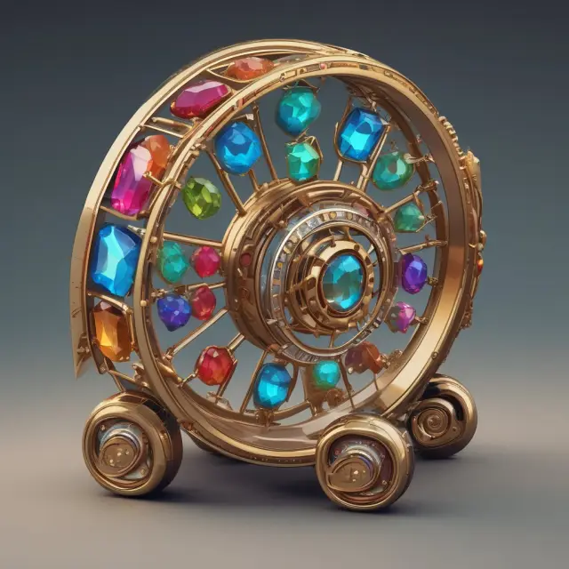 A project chariot journeying through project phases, guided by wheels representing each phase, and precious gems symbolizing the deliverables at each stage