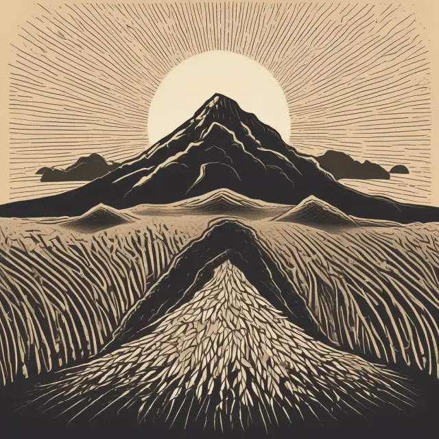 An image of rice grains forming a mountain as the sun rises, symbolizing the upward-sloping demand curve of Giffen goods.