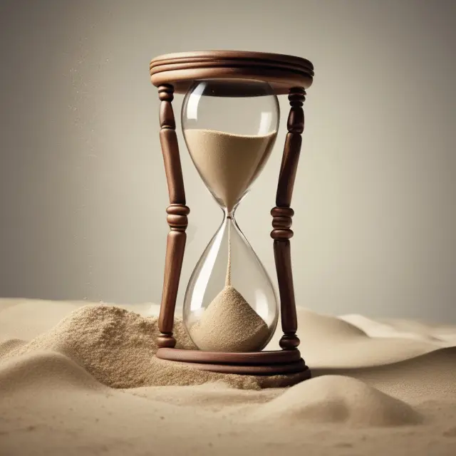 Hourglass filled with sand symbolizing demand schedules, with sand flowing into an uncertain stream signifying market fluctuations and external factors.