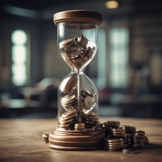 An hourglass symbolizes time, with gears at the base representing real wages and marginal product of labor controlling the flow of workers into the workforce