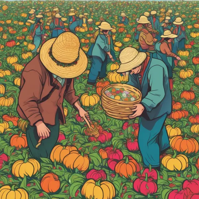 A farmer hires increasing numbers of workers, with each worker adding fewer fruits to their basket