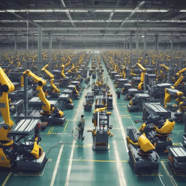 Robots replace human workers on a factory floor in an efficient, technologically advanced setting. Labor demand shifts as machinery improves productivity.