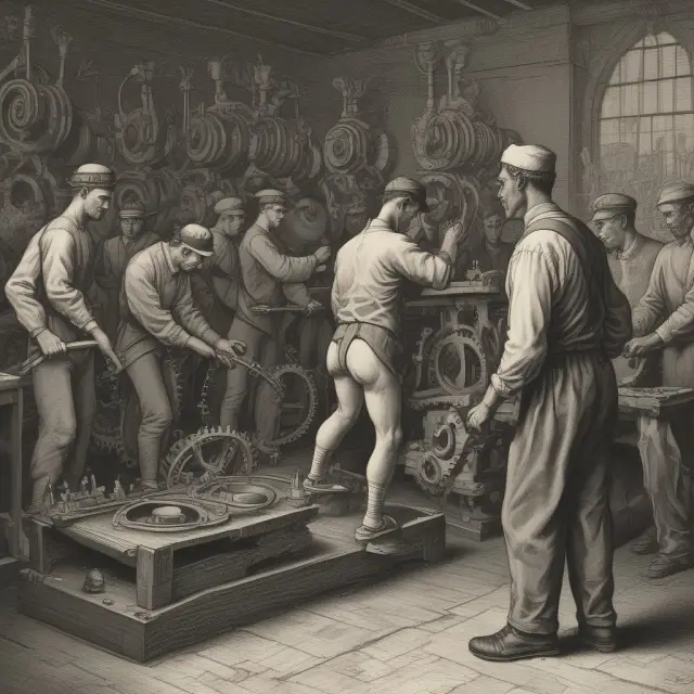 An image of gears in motion with labor wheels and input factors (capital and raw materials) interconnected, symbolizing the influence on labor demand.