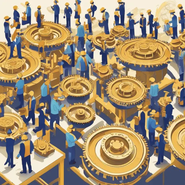 Golden gears turning on an assembly line represent each worker