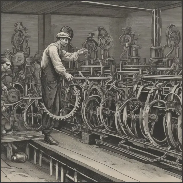 An image of gears turning on an assembly line with wages represented as a lever adjusting their speed.