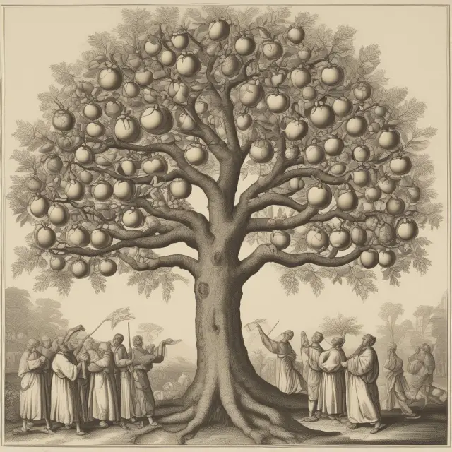 Consumers plucking utility fruits from a tree, symbolizing the satisfaction derived from consuming goods