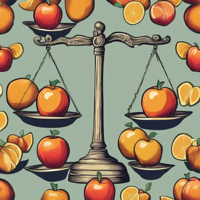 Two scales, one with apples and another with oranges representing equilibrium in demand and supply markets