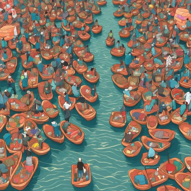 Consumers navigating demand theory by balancing their baskets in a river, adapting to changing prices and income