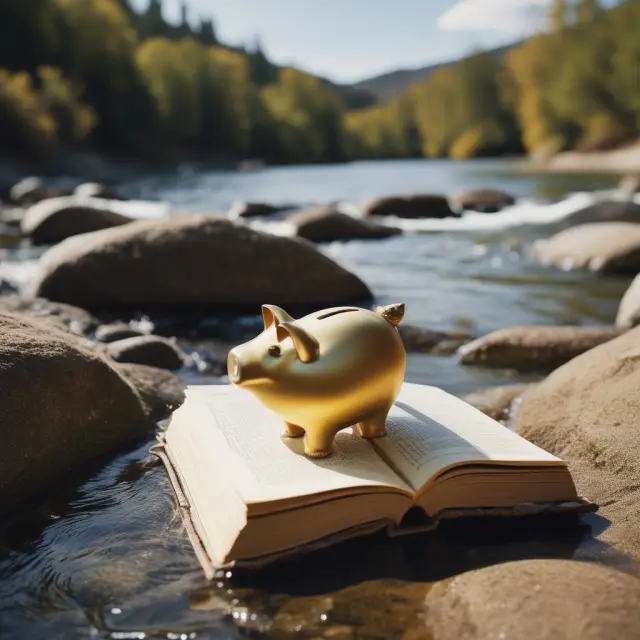 A golden piggy bank floating on a river, with an open book representing account access, depicting the liquidity and availability of Demand Deposit Accounts.