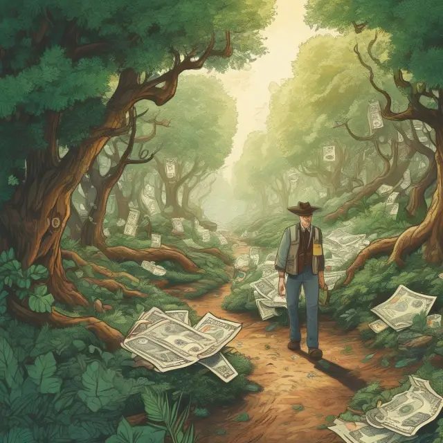 A flourishing financial garden with checking and savings accounts represented by rooted trees, emphasizing their accessibility and role in managing funds