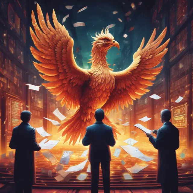 Trader handing over physical papers to a digital phoenix that symbolizes dematerialization and transition into electronic financial records