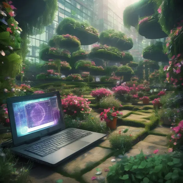 Digital garden showcasing electronic securities in DEMAT pots, symbolizing the shift from paper certificates to dematerialized transactions and secure bookkeeping.