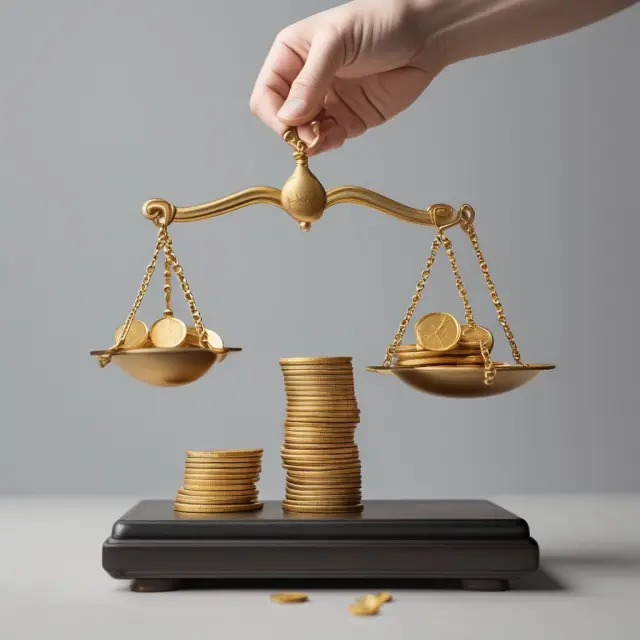 An investor holding weighing scales balances golden coins representing bond value against a tax formula to determine the de minimis threshold