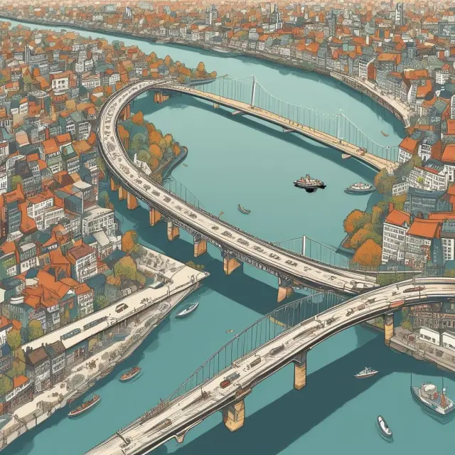 An image of a bridge connecting two bustling cities, representing the demographic transformation from high to low fertility and mortality rates.