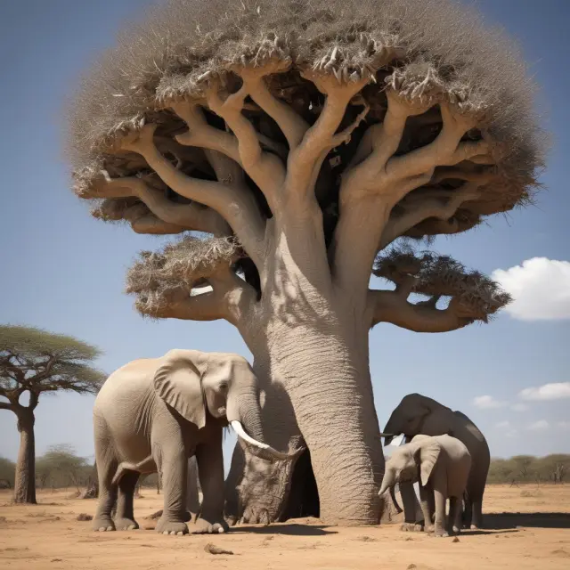 Elephants representing an aging population storing coins inside a baobab tree during the demographic dividend period, emphasizing increased savings and investment opportunities.