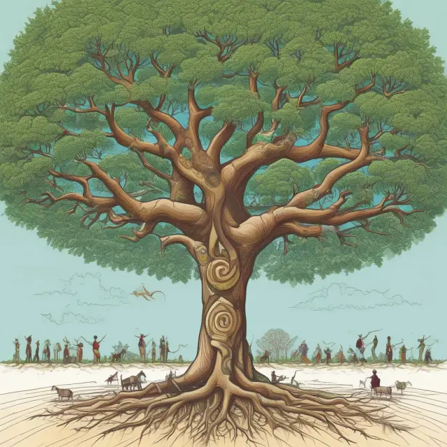 A single tree with roots representing demographic dividends shifting between developing and developed countries, showcasing unique challenges and growth paths