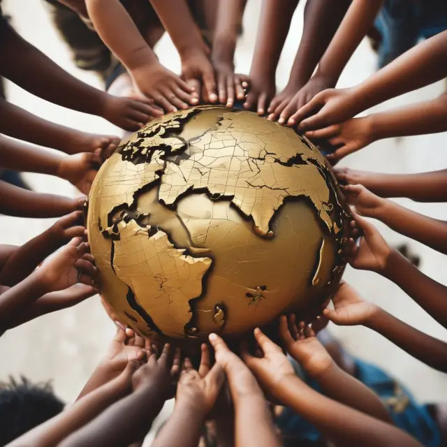 A golden hand sculpting the world with kids playing nearby, representing the impactful potential of demographic dividends through education.