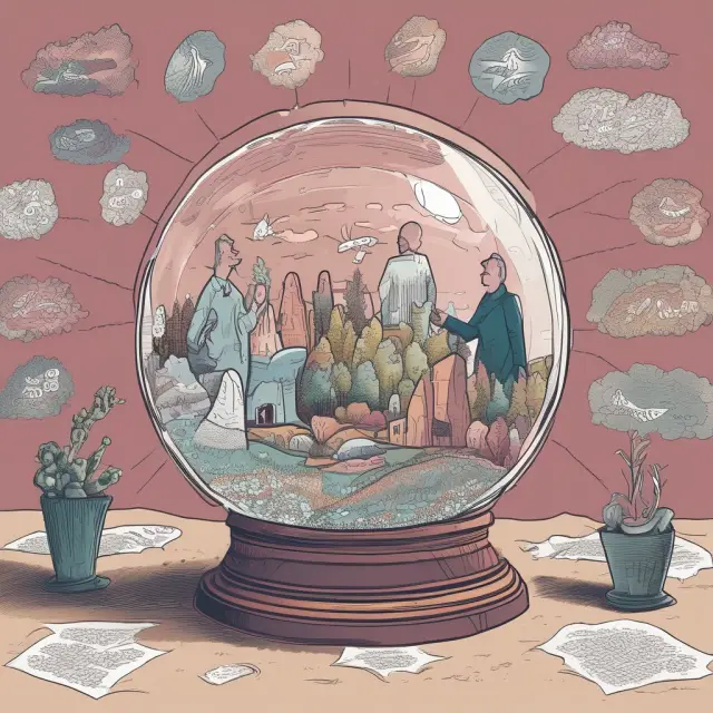 A person peering into a crystal ball filled with diverse demographic elements like age, race, income, and location, representing FAQ solutions