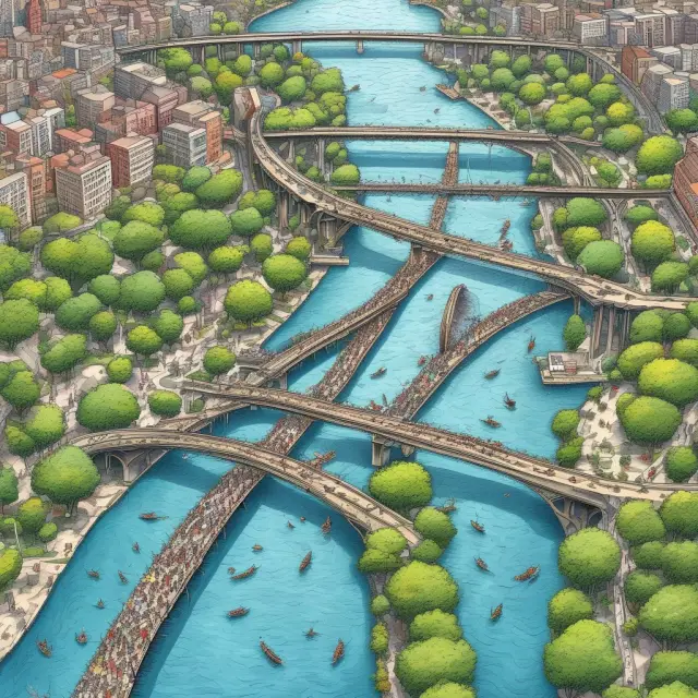 Image of a river with diverse people flowing towards a bridge, representing demographic data bridging the gap between governments, businesses, and economists.