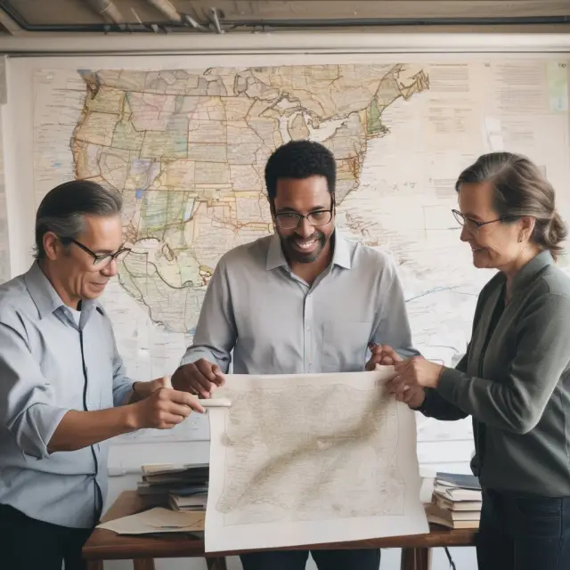 Census worker, executive, researcher, and campaign strategist working together over a map filled with demographic data.