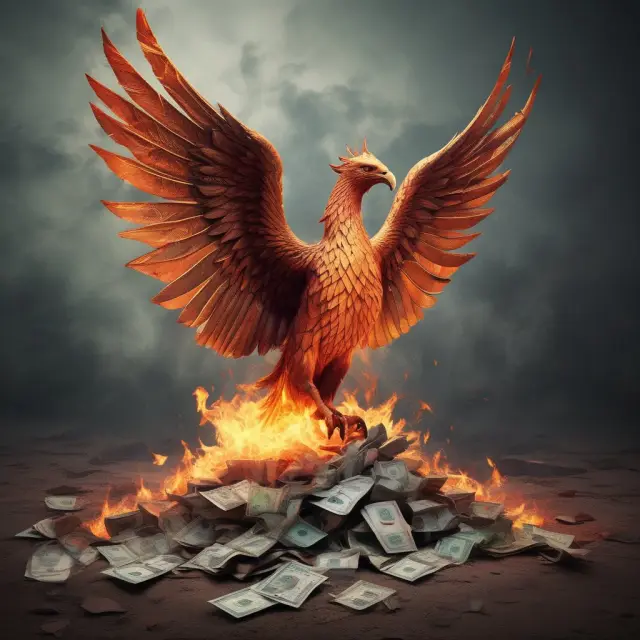 A mythical Phoenix bird rises from the flames, representing the transformation of an economy through demonetization.