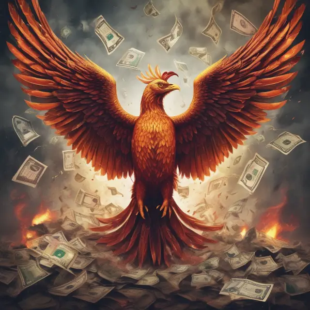 Phoenix bird emerging from the ashes of obsolete currencies, representing the transformative power of demonetization