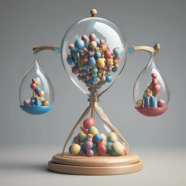 Two spheres symbolizing youth and elderly populations balanced over an hourglass of a working-age population, depicting the calculation of the dependency ratio.